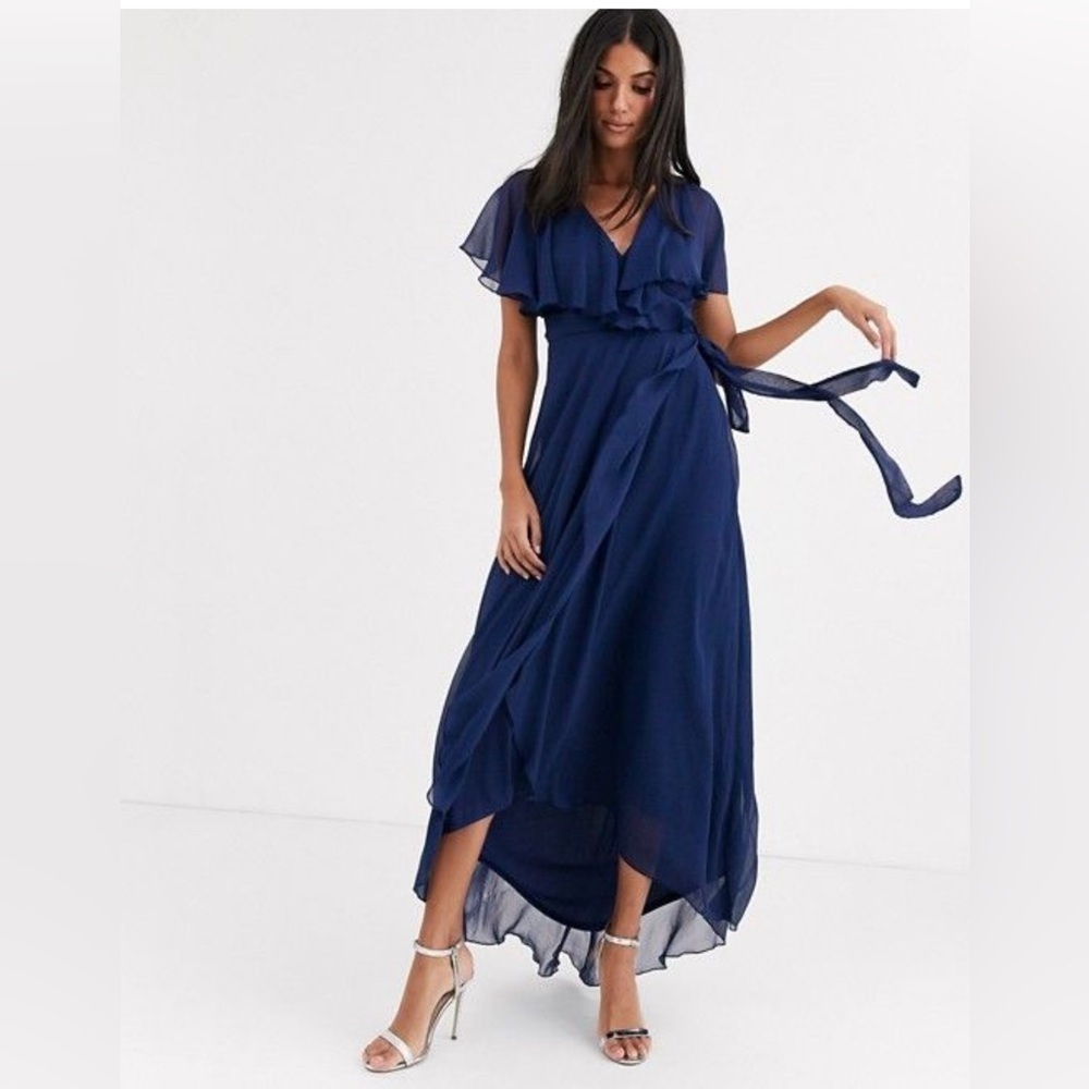 ASOS DESIGN cape back dipped hem maxi dress in navy blue.